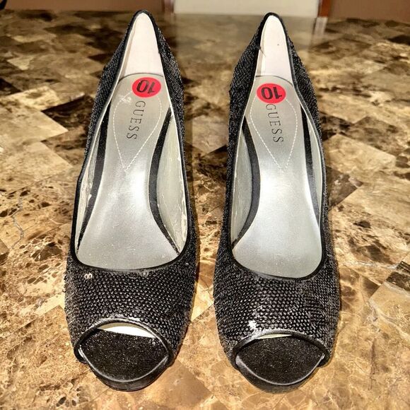 Guess Women's Peep Toe Pumps Silver Glitter Stilletto Heels - Picture 4 of 9